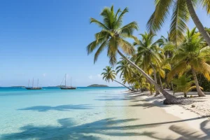 A tranquil turquoise lagoon in the Grenadines where the transparent water meets ivory sand under the shade of leaning palm tre