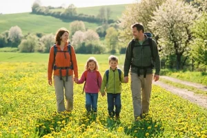 A happy family with backpacks walking through a bright green spring meadow filled with yellow dandelions