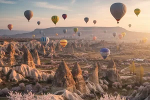 Dozens of colorful hot air balloons floating over the surreal landscape of rock chimneys and blossoming trees in Cappadocia during a soft spring sunrise