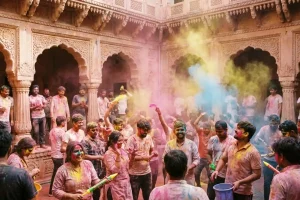 Joyful crowd of people covered in vibrant pink, yellow, and blue gulal powder celebrating the Holi festival in a historic Indian courtyard