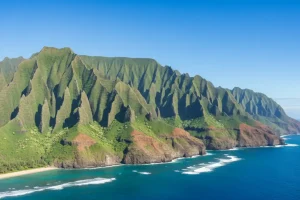 Lush emerald cliffs of Kauai's Na Pali Coast meeting the deep azure Pacific waters under a clear spring sky