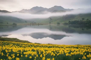 A sweeping landscape of the Lake District fells reflecting in a glass-like lake while yellow daffodils dance in the foreground under a soft morning mist