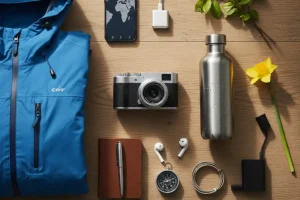 A flat lay of modern travel equipment including a compact camera, a durable reusable water bottle, and a lightweight waterproof jacket on a wooden surface
