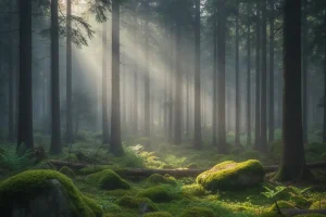 Mystical morning mist rolling over dense pine trees and lush green moss-covered boulders in the heart of the Black Forest