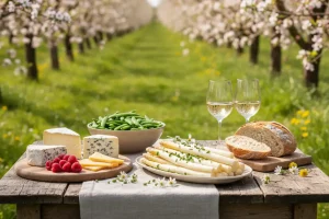 A rustic outdoor table in a blooming orchard featuring artisanal cheeses, fresh spring peas, white asparagus, and a glass of chilled white wine