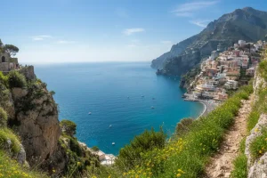 Spectacular panoramic view of the Tyrrhenian Sea from the rocky limestone cliffs of the Path of the Gods trail above Positano