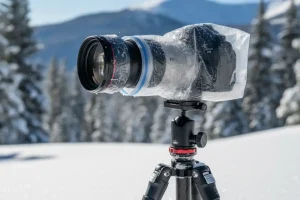A professional camera body, fitted with a zoom lens, completely sealed inside a thick, clear plastic bag (Ziploc bag) to prevent cold damage, resting on a tripod in a snowy outdoor setting, illustrating the key defense against condensation.