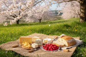 A spread of artisanal cheeses, fresh raspberries, and a crusty sourdough loaf arranged on a woven mat in a grassy meadow under a blossoming cherry tree
