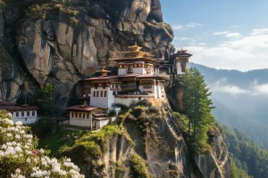 The iconic Tiger's Nest Monastery clinging to a granite cliff surrounded by blooming white and pink wildflowers in the Paro Valley