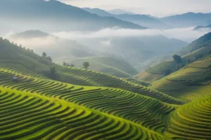 Vibrant green layered rice terraces of Sapa stretching across the mountain slopes under a soft morning mist
