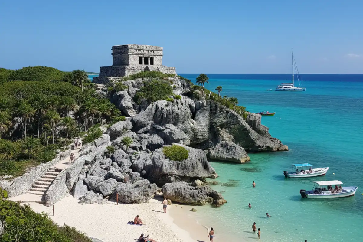 Ancient Mayan stone temple perched on a cliff overlooking the turquoise Caribbean sea and a small white sand beach