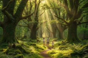 Sunlight streaming through ancient trees onto a hidden mossy forest floor