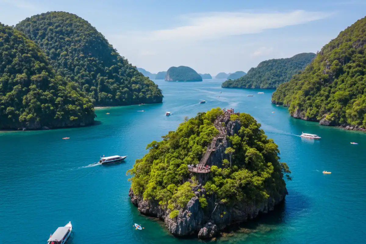 The lush emerald-green islands of Ang Thong Marine Park scattered across the deep blue waters of the Gulf