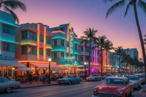 The vibrant pastel facades of Art Deco hotels illuminated by neon lights along Ocean Drive at dusk