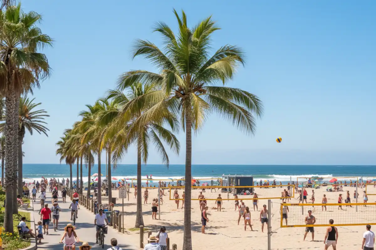 Vibrant beach life featuring people cycling along the beach path and palm trees swaying near the volleyball courts