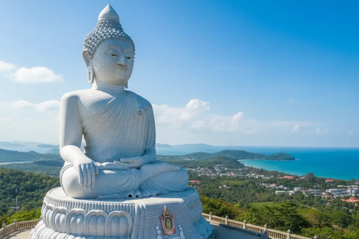 The massive white marble Big Buddha statue standing atop Nakkerd Hill overlooking the Phuket coastline