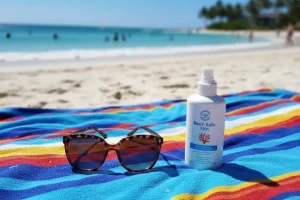 A bottle of sunscreen resting on a beach towel next to sunglasses and the ocean