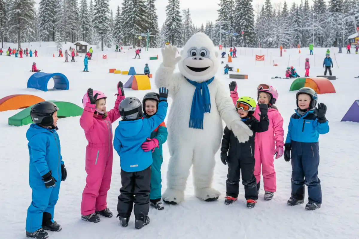 Children interacting with the resort's mascot, Valle, in a dedicated snow play and activity area at Hundfjället, Sälen.