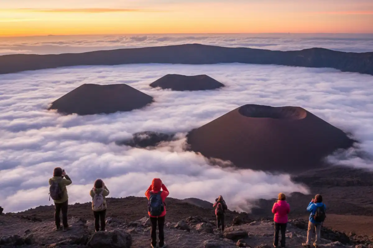 The cinder cones of Haleakala National Park glowing in shades of rust and copper above a sea of white clouds at dawn