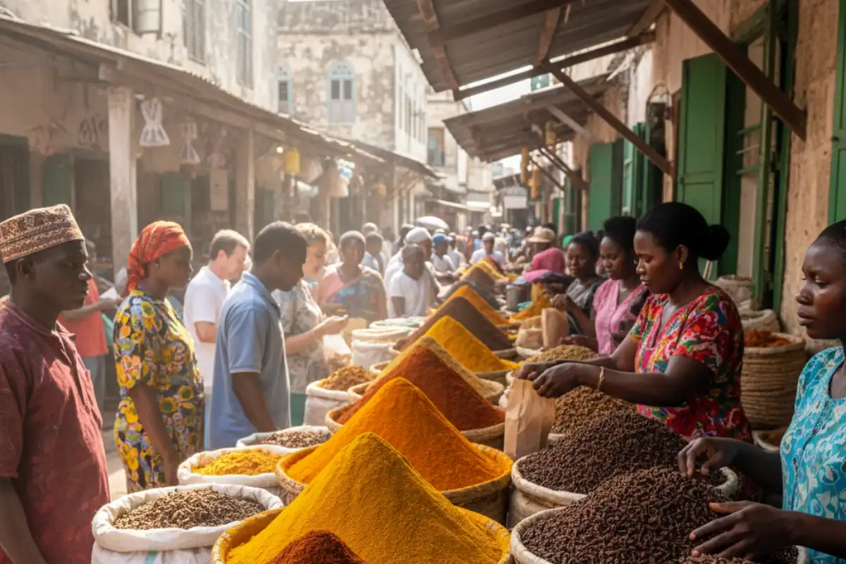 Colorful heaps of freshly ground cinnamon, turmeric, and cloves displayed in a traditional market in Stone Town