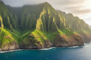 Emerald green pleated sea cliffs of the Na Pali Coast plunging into the deep blue Pacific Ocean under a soft tropical mist