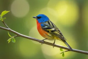 Colorful small songbird perched on a thin branch with soft green bokeh background