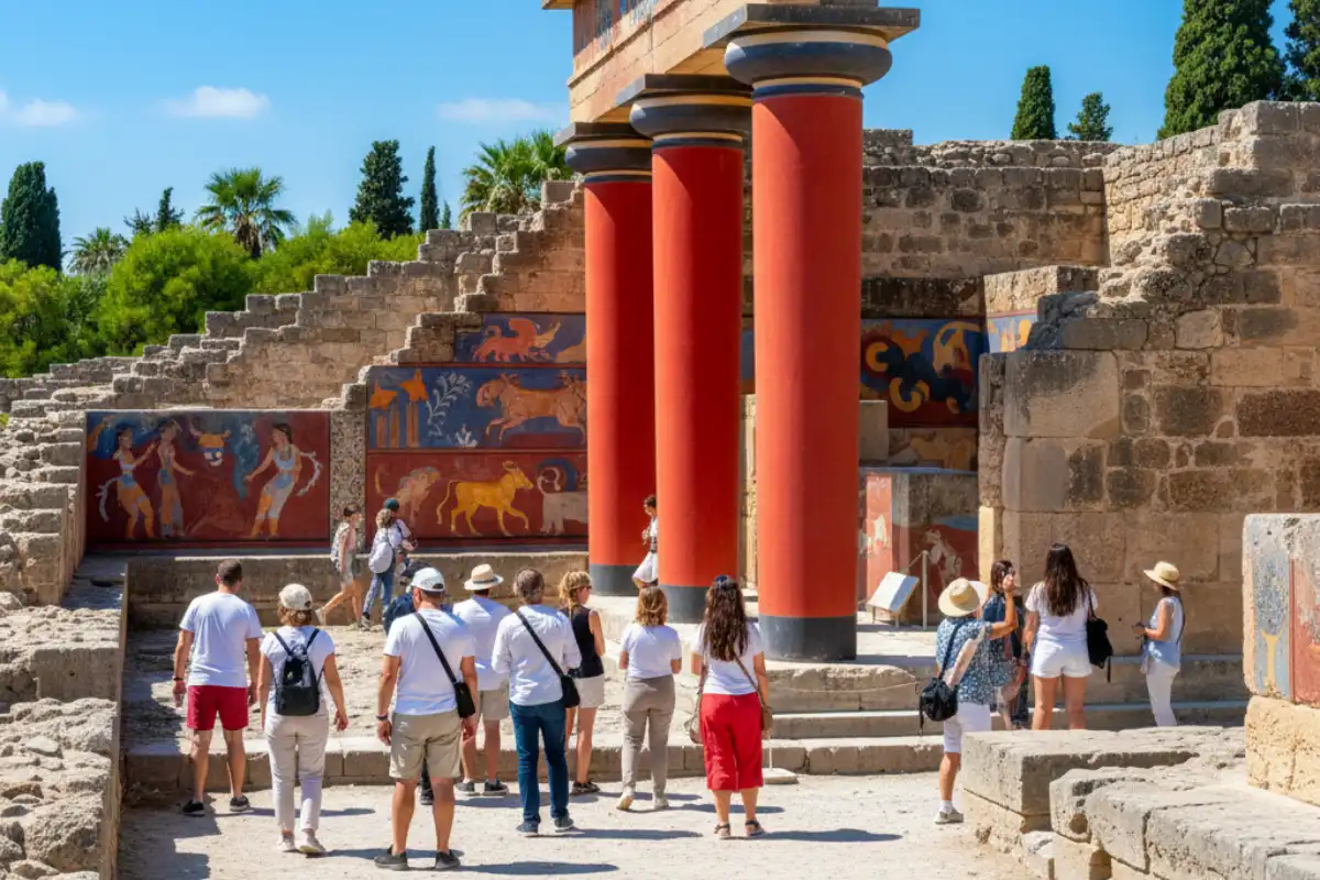The vibrant restored red columns and frescoes of the ancient Palace of Knossos near Heraklion