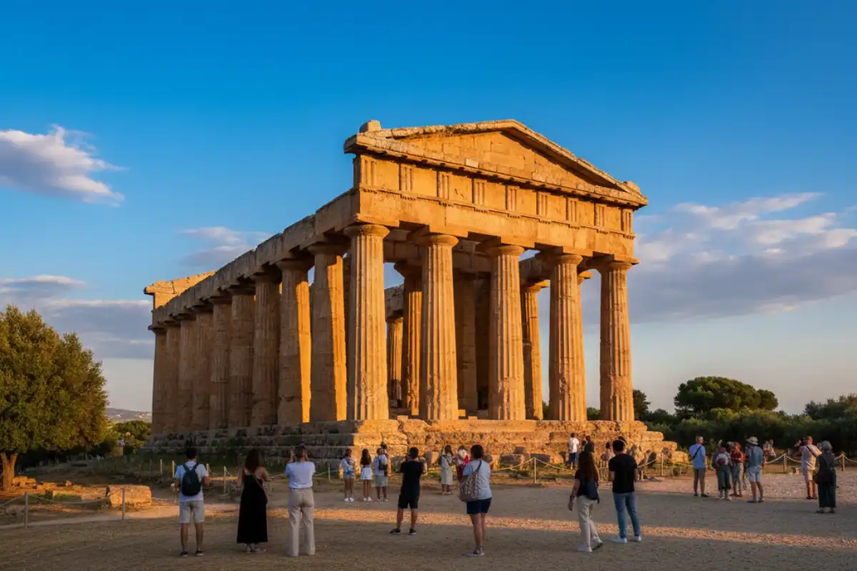 The Temple of Concordia in Agrigento standing remarkably preserved under a bright blue sky at golden hour