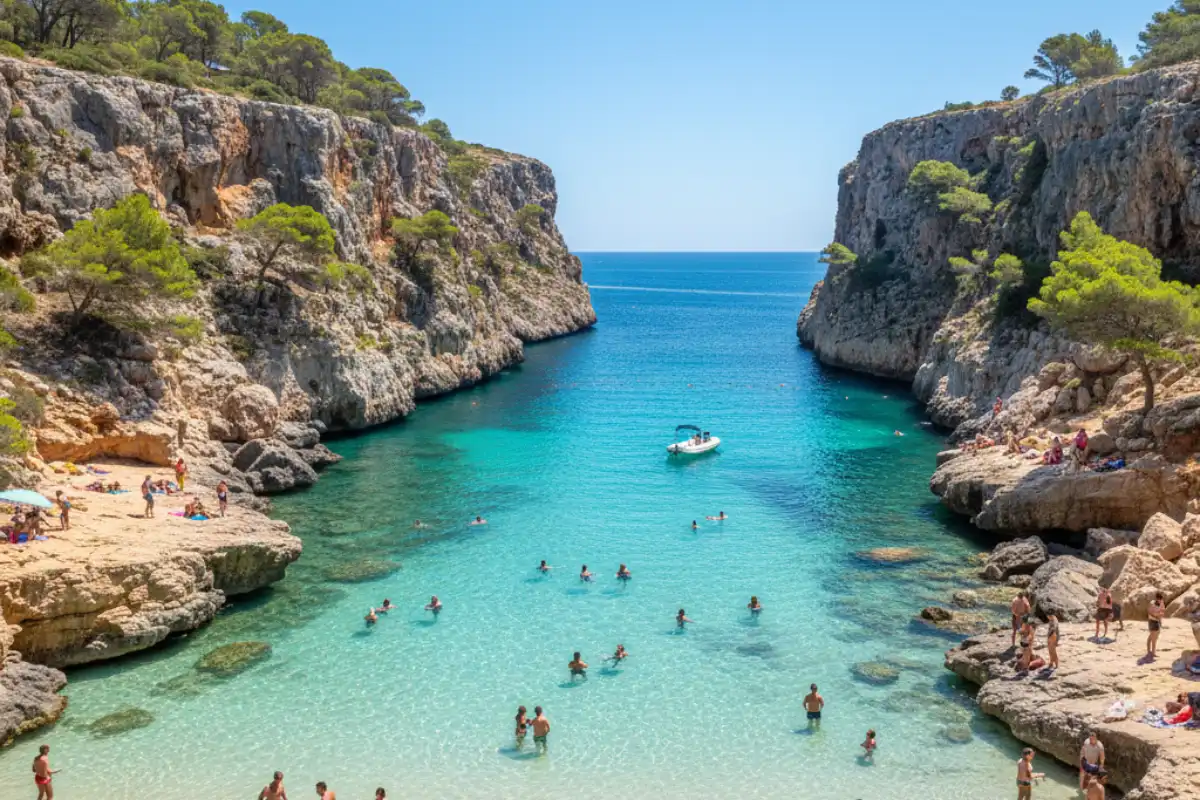 The crystal-clear turquoise waters of Cala Llombards tucked between high rocky cliffs with swimmers enjoying the sun