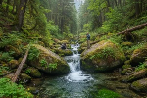 Crystal clear stream water flowing over mossy rocks in a deep forest