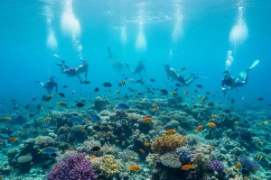Crystal clear turquoise water over a vibrant coral reef teeming with tropical fish