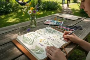 Detailed sketches of leaves and wildflowers inside a worn leather notebook