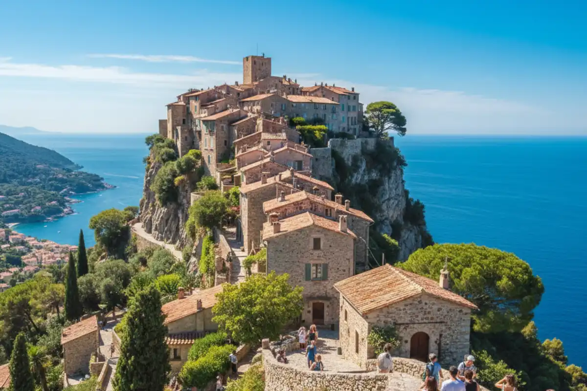 The medieval hilltop village of Èze perched precariously on a rocky peak overlooking the sun-drenched coast