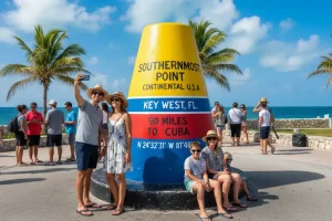 The famous colorful Southernmost Point buoy marking the lowest latitude of the continental United States under a bright Florida sun