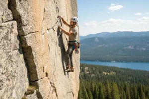 A focused climber safely secured with a rope and harness on a vertical rock wall