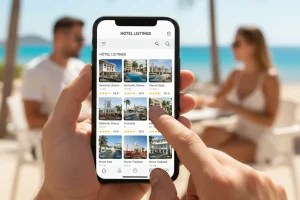 Close-up of hands using a mobile travel app to browse hotel listings
