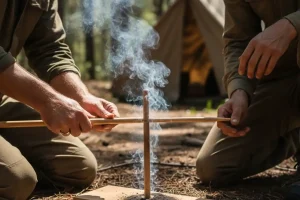 Hands using a wooden spindle to create smoke through friction on a hearth board