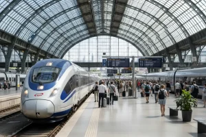 High-speed modern train arriving at a bright, grand European rail terminal