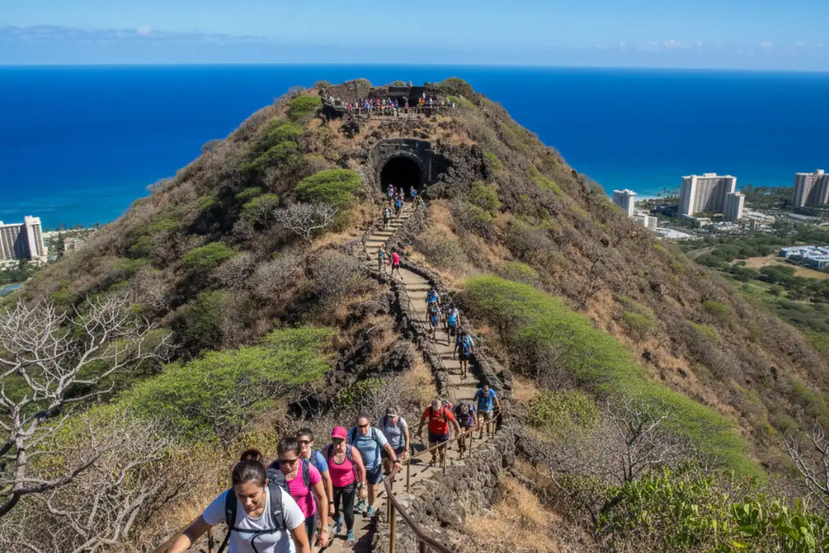 Hikers ascending the rugged stone steps toward the summit of Diamond Head for a panoramic view of the Pacific