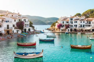 White-washed coastal houses and colorful fishing boats nestled in the turquoise bay of Calella de Palafrugell under a bright Mediterranean sun