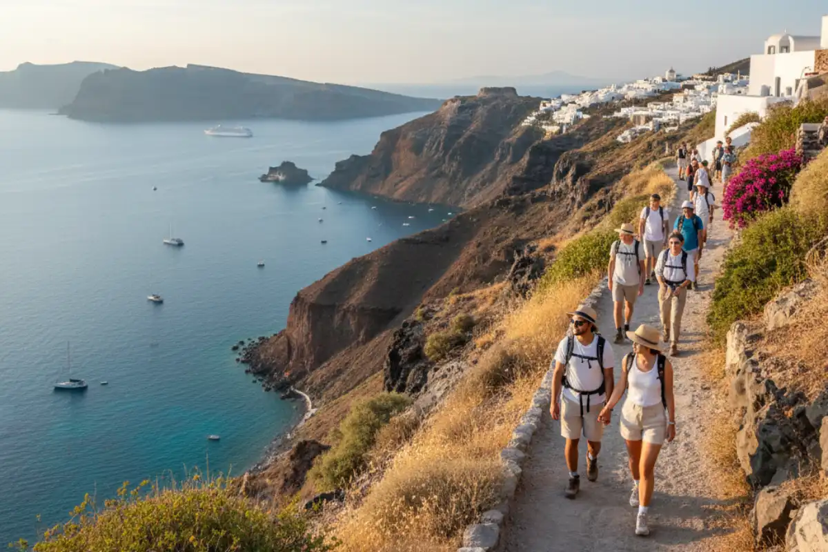 Travelers trekking along the scenic coastal cliff path between Fira and Oia with panoramic sea views