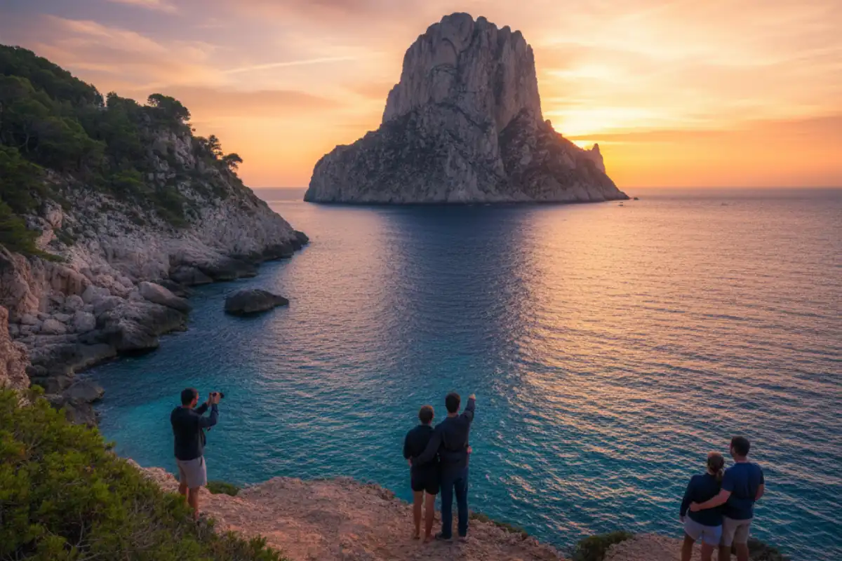 The mysterious and majestic rock island of Es Vedra rising from the sea during a deep orange sunset