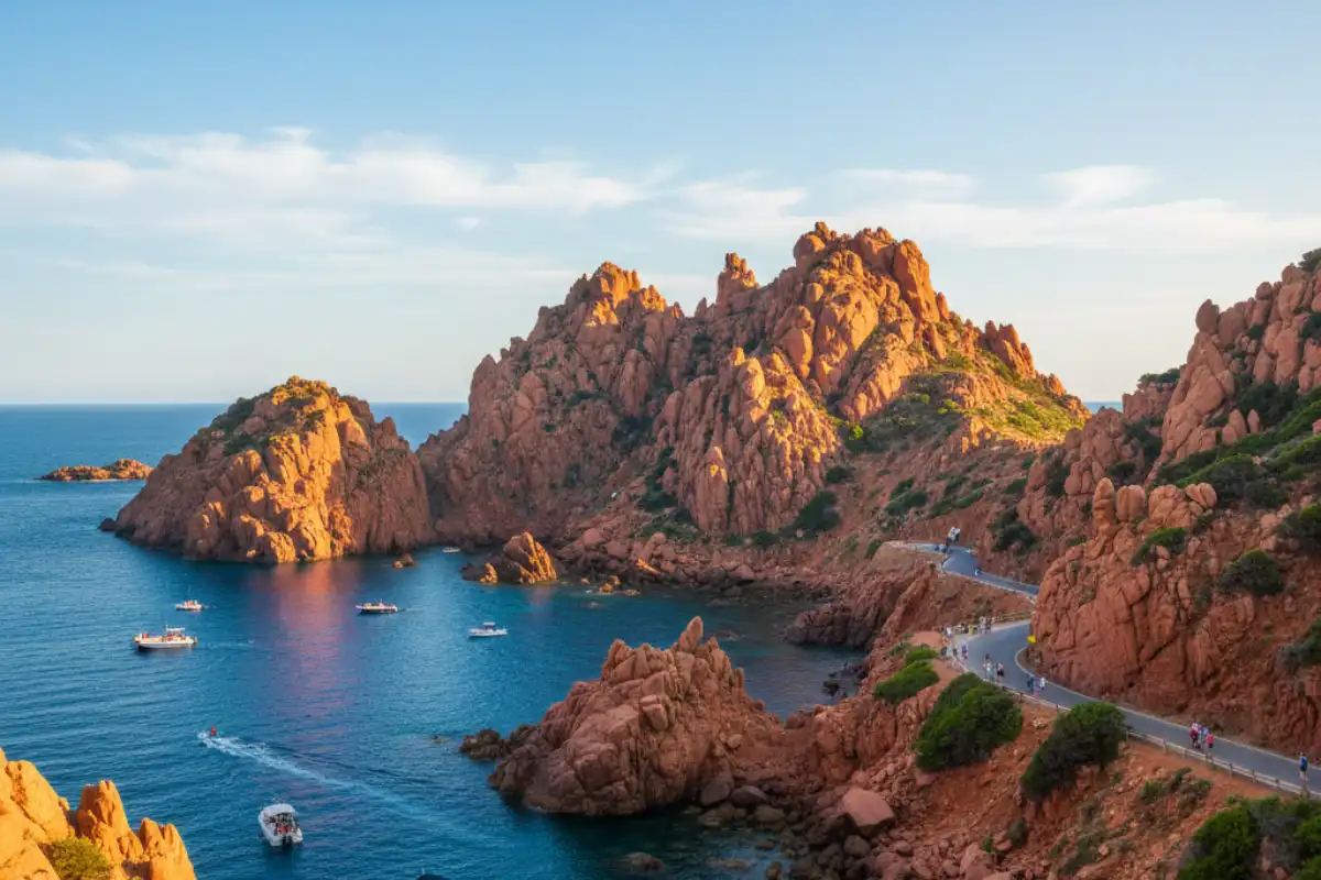 The jagged red porphyry rock formations of the Calanques de Piana glowing intensely against the deep blue Mediterranean sea