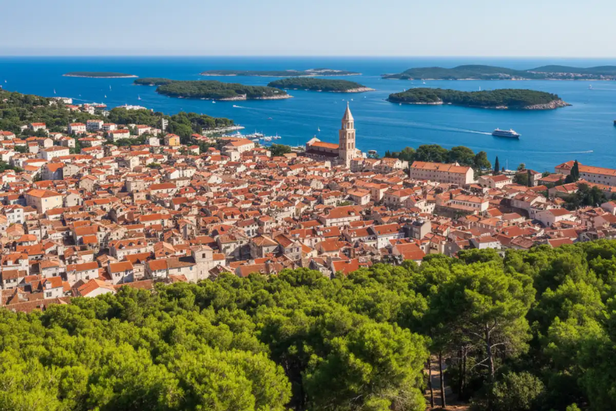 The lush pine forests of Marjan Hill overlooking the red rooftops of Split and the shimmering blue Adriatic archipelago