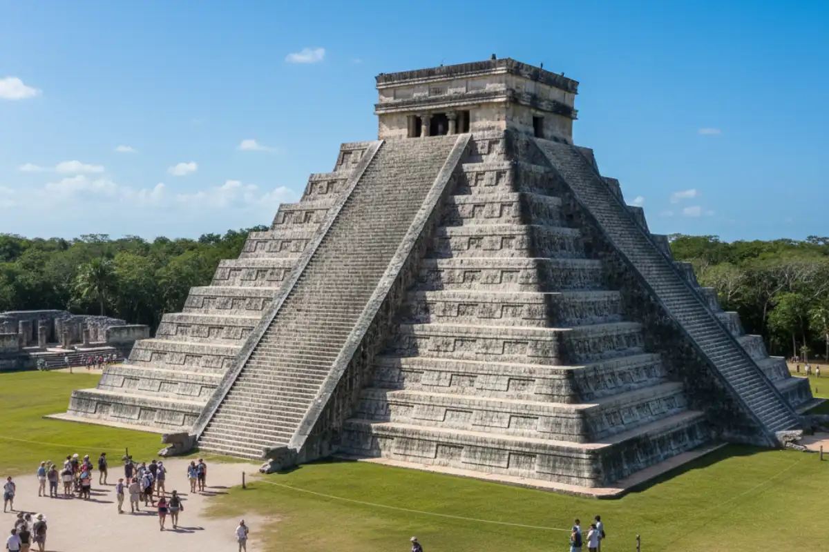 The ancient Mayan pyramid of El Castillo at Chichen Itza under a clear blue sky surrounded by green grass