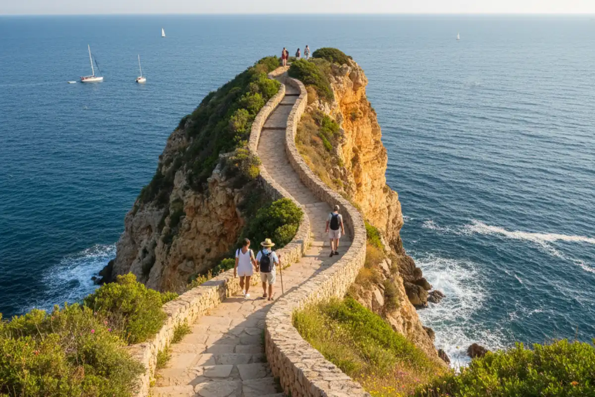 A narrow stone walking path winding along the edge of jagged ochre cliffs overlooking the deep blue Mediterranean Sea