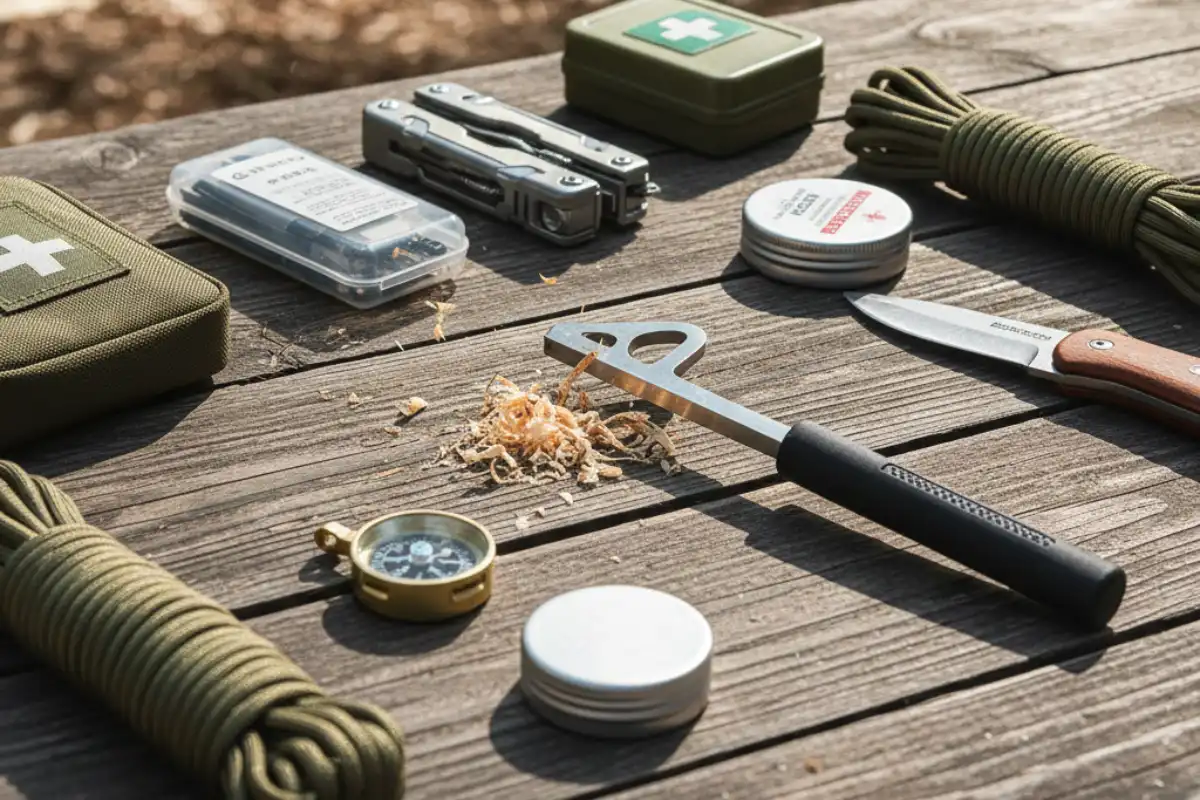Outdoor survival kit including a ferrocerium rod and steel striker on a wooden background