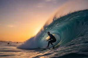 Professional surfer carving through a massive blue barrel wave at sunset