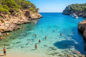 The shimmering emerald and sapphire waters of Cala Salada surrounded by rugged ochre cliffs and lush Mediterranean pines