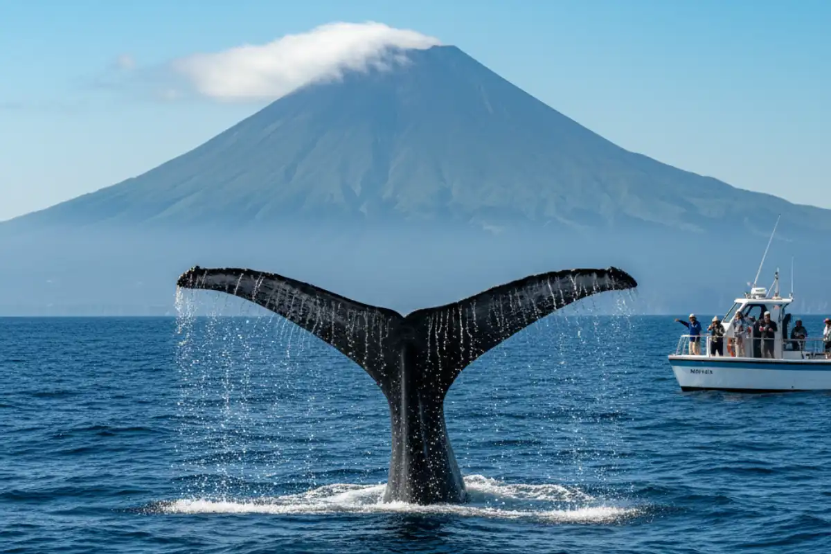 A sperm whale’s tail fluking out of the deep blue Atlantic water with the volcanic peak of Pico in the background